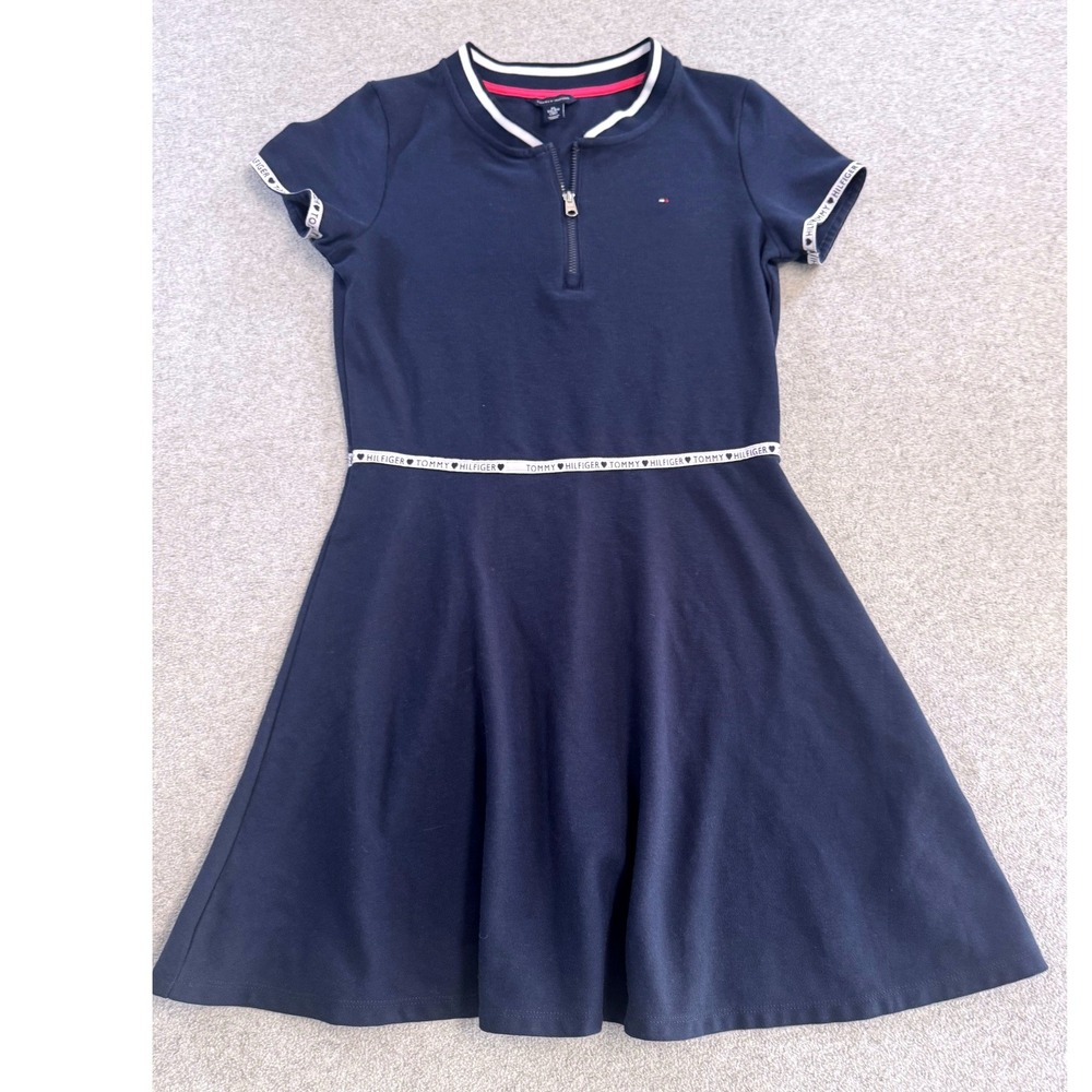 Tommy Hilfiger Dress Kids XL 16 Navy Blue Quarter Zip Logo Trim Skater Polo